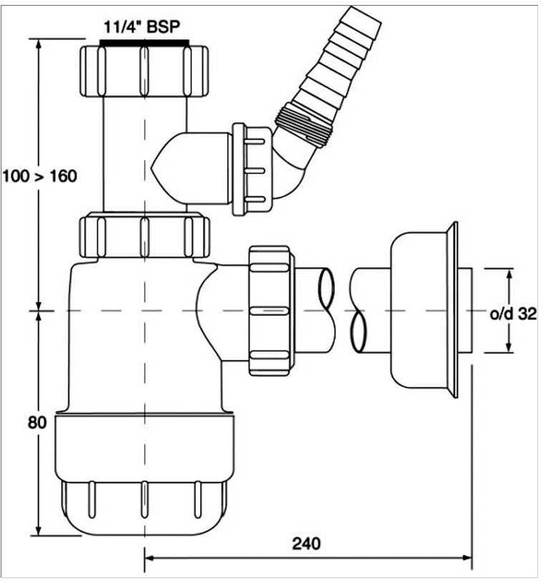 „McAlpine“ butelio sifonas 5/4'' DN32 žemas baltas (HC2WM-32)