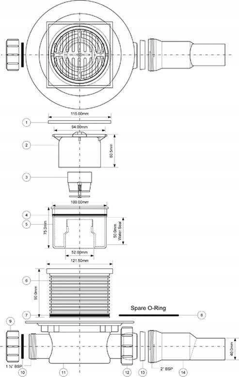 McAlpine Trašų siurblys su vožtuvu, nerūdijančio plieno grotelės 115x115mm, horizontalus išėjimas 40/50mm