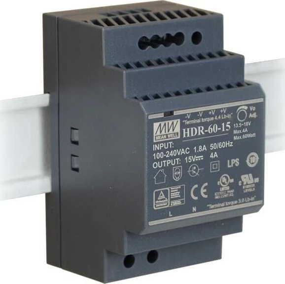 Mean Well PUL IŠJUNGIMO MAITINIMO MAITINIMO DIN BĖGNIO MEDŽIAGOS ŠULLINIS HDR-60-15 15V/60W/4A