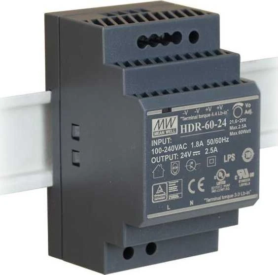 ĮKROVIKLIS IMPULSOWY NA SZYNĘ DIN MEAN WELL HDR-60-24 24V/60W/2.5A
