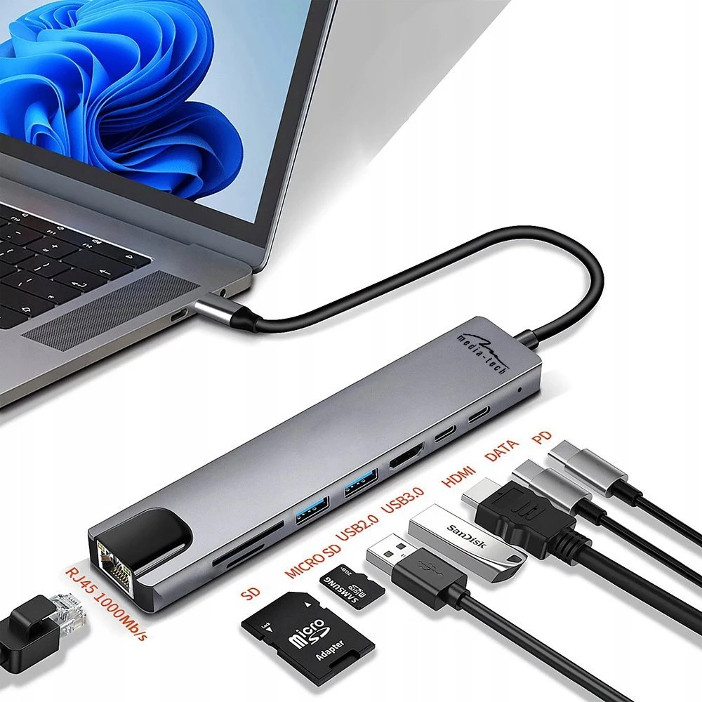 Media-Tech MEDIA-TECH HUB USB 8 IN 1 GIGA LAN HUB MT5046