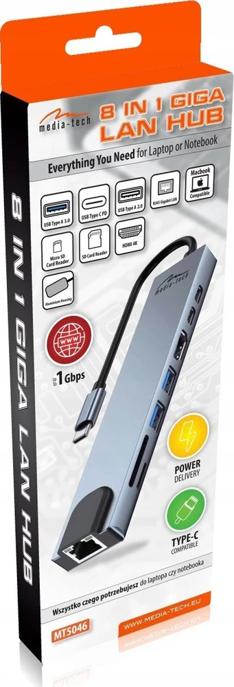 Media-Tech MEDIA-TECH HUB USB 8 IN 1 GIGA LAN HUB MT5046