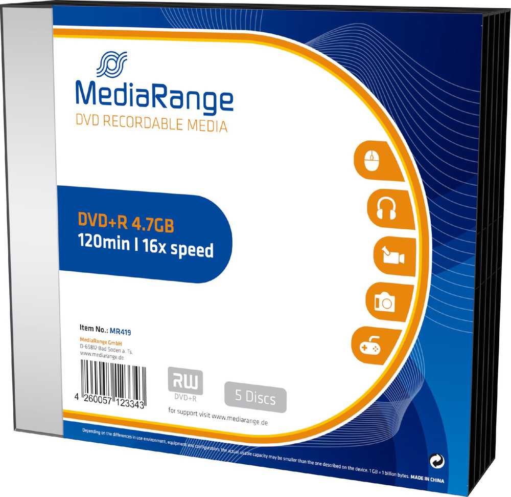 MediaRange DVD+R 4.7GB 5vnt Pack 16x Slimcase