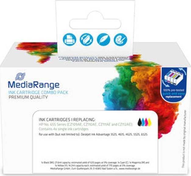 „MediaRange MediaRange MRHP655“ rašalo kasetės, 4 vnt. Pakaitinė juoda, žydra, rausvai raudona, geltona