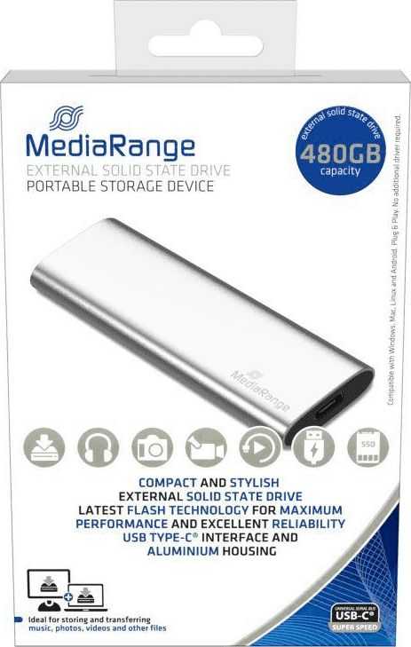 Kietasis diskas MediaRange 480 GB, Externe SSD - sidabrinis, USB-C 3.2 Gen 2 (10 Gbit/s)