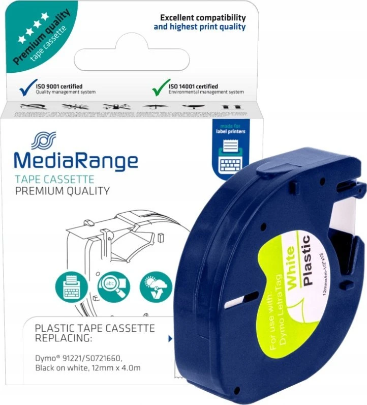 MediaRange Taśma do drukarek. komp. Dymo 12mmx4m laminowany juoda/balta