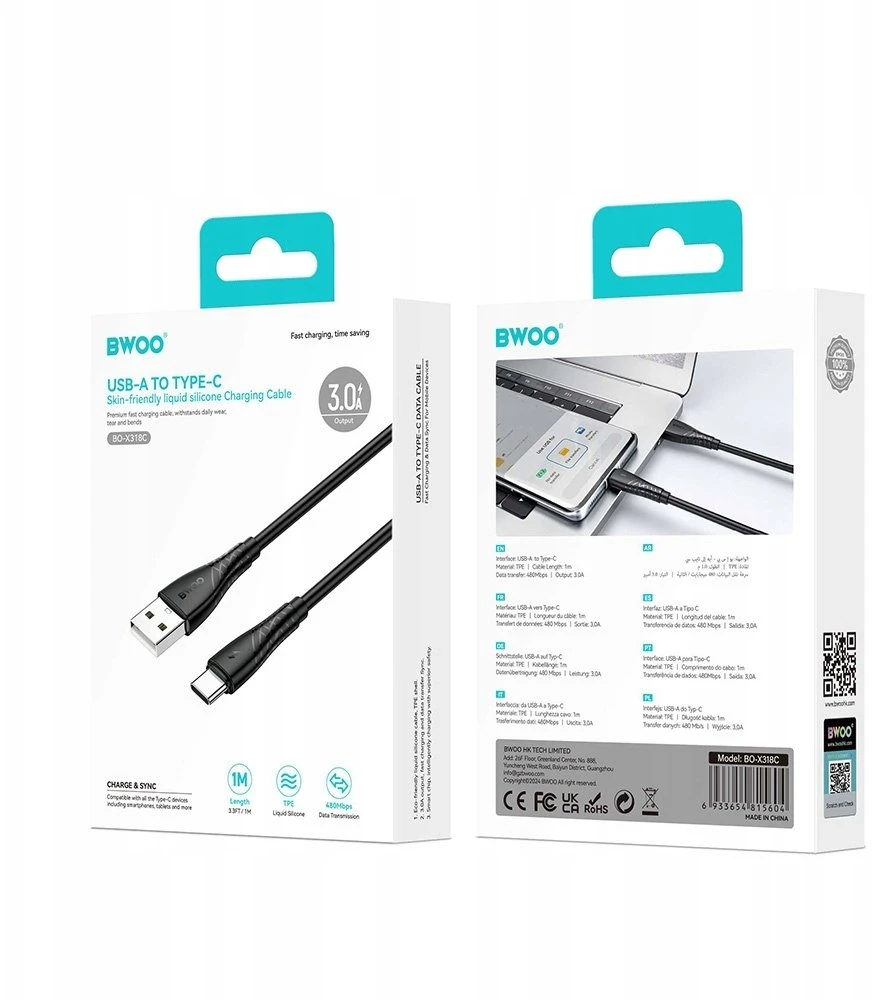 BWOO USB – USB-C laidas 1m 27W 3A juodas BO-X318C