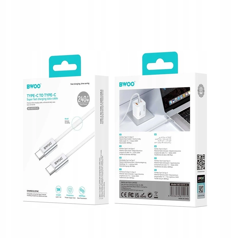 BWOO 240W pintas laidas USB-C – USB-C BO-X317C-C 1m baltas