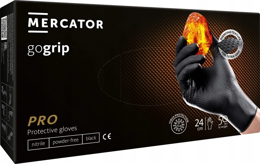 Vienkartinės nitrilinės pirštinės MERCATOR GoGrip Juodas, L dydis, juodos sp., be pudros, 50 vnt.
