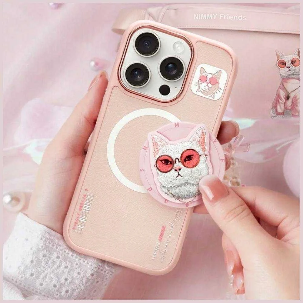 Dėklas Nimmy Glasses Cool Cat MagSafe Apple iPhone 16 Pro rožinės spalvos
