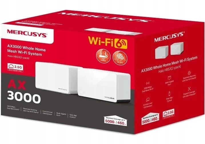 Mercusys | AX3000 viso namo tinklelio „WiFi 6“ sistema | „Halo H85X“ (2 vnt. pakuotė) | 802.11ax | Tinklo palaikymas: Taip | MU-MiMO: Ne | Nėra mobiliojo plačiajuosčio ryšio