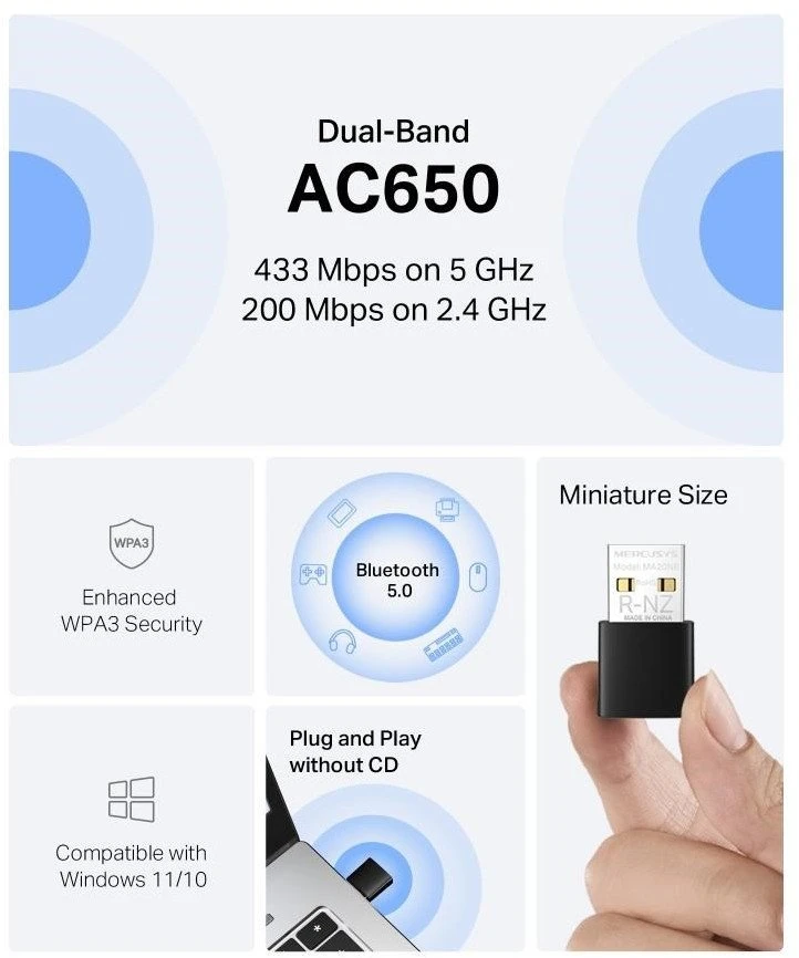MERCUSYS MA20NB WiFi5 USB nano adapteris (AC650, 2,4GHz/5GHz, Bluetooth 5.0, USB 2.0)