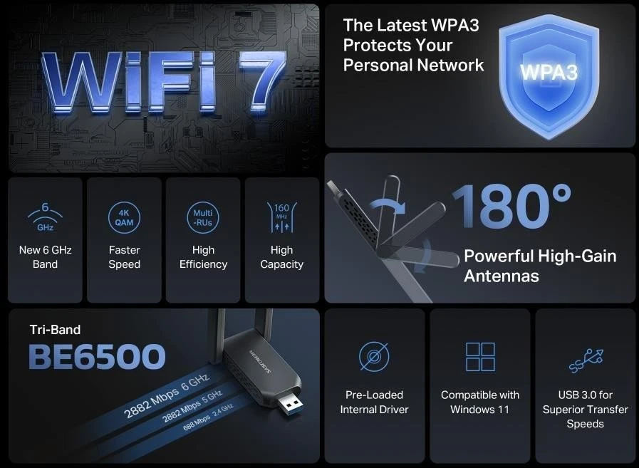 „Mercusys“ | MA37BEH | BE6500 „Wi-Fi 7“ didelės spartos belaidis USB adapteris