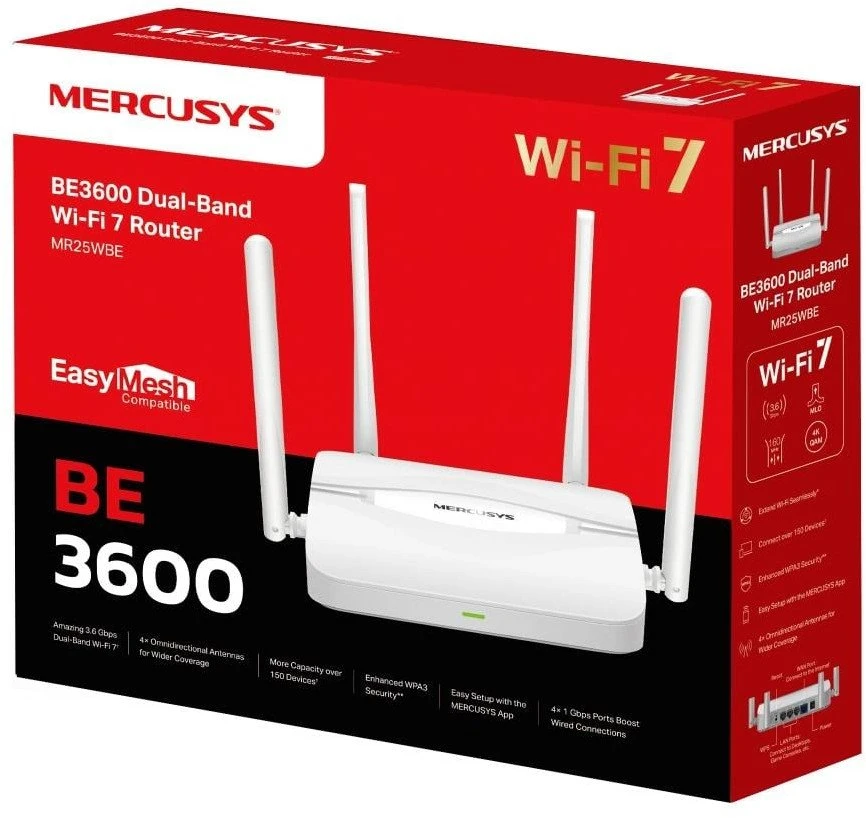 Maršrutizatorius MERCUSYS MR25WBE EasyMesh WiFi7 maršruto parinktuvas (BE3600, 2,4 GHz / 5 GHz, 1xGbEWAN, 3xGbELAN)