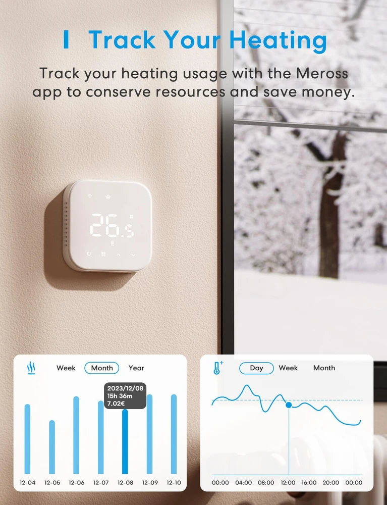 Meross MTS215 Wifi termostatas Katilo / vandens šildymo sistemai Apple Homekit, Matter, baltas