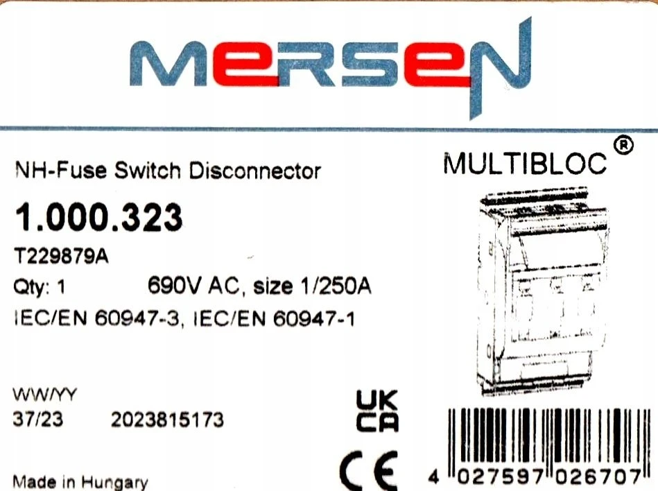 MERSEN Skirstytuvo dėžutės atskyriklis MULTIBLOC NH1 250A 3P Montavimas ant 40/60 sistemos kreipiančiųjų varžtinės jungtys 3xM10 T229879
