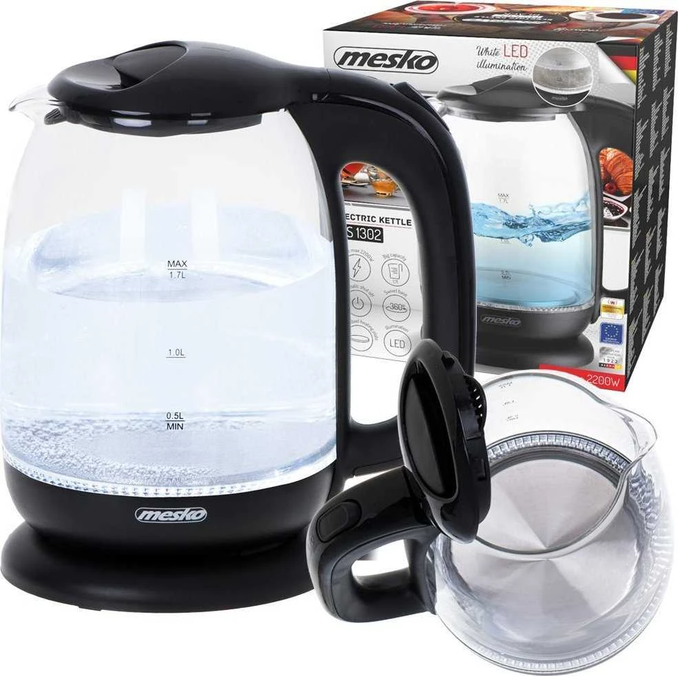Mesko | Virdulys | MS 1302b | Electric | 2200 W | 1.7 L | Glass | 360° rotational base | Juodas