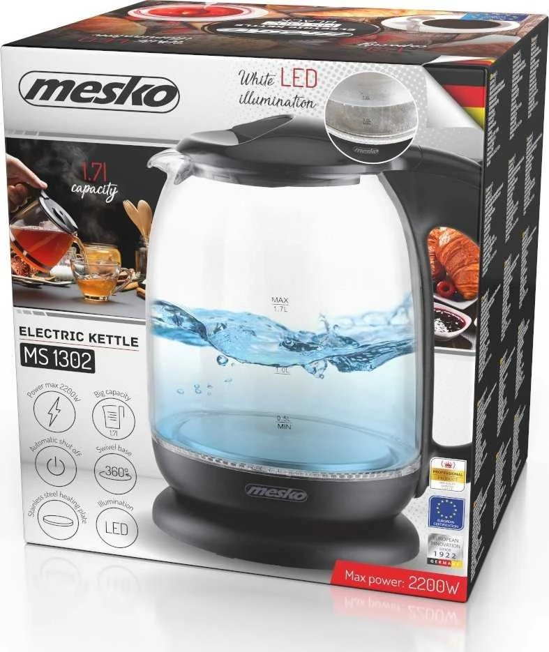 Mesko | Virdulys | MS 1302b | Electric | 2200 W | 1.7 L | Glass | 360° rotational base | Juodas