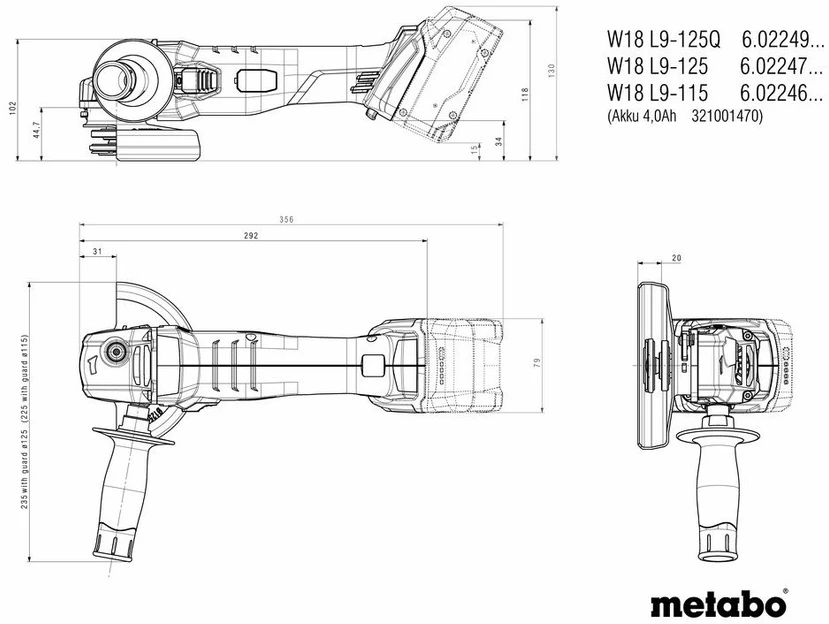 Kampinis šlifuoklis Metabo W 18 L 9-125; 18 V (be akumuliatoriaus ir pakrovėjo)