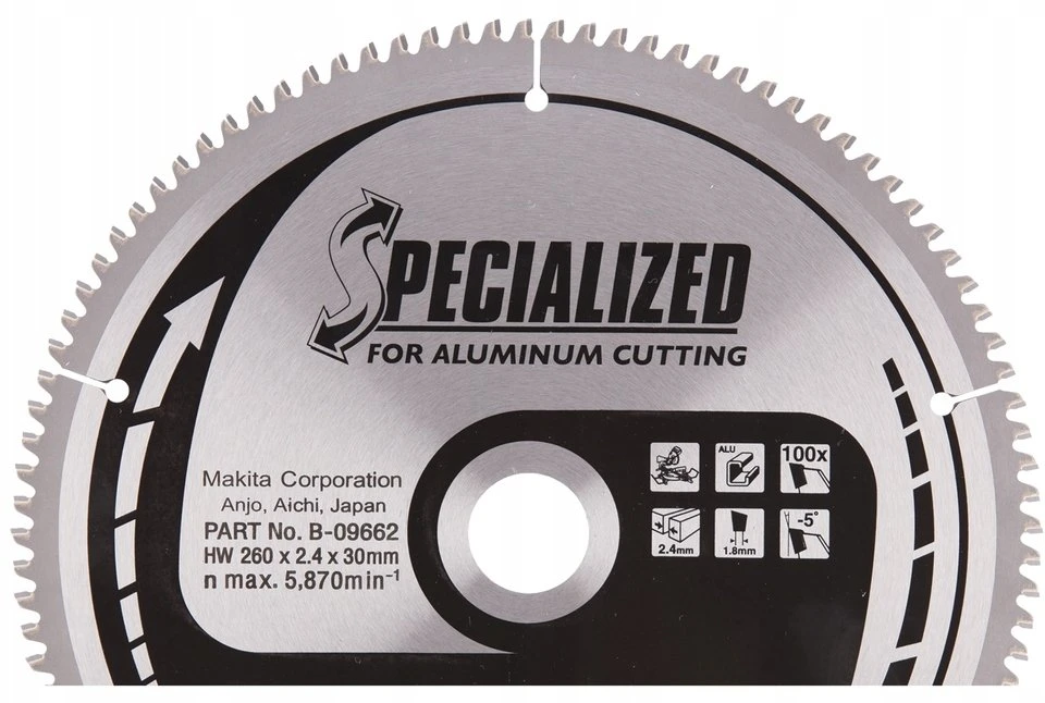 Makita T.C.T. pjūklas SPECIALIZED 260X2.4X30mm -5° T100 B-33336 T.C.T • 260 x30 mm • T100 • -5° • Aliuminiui