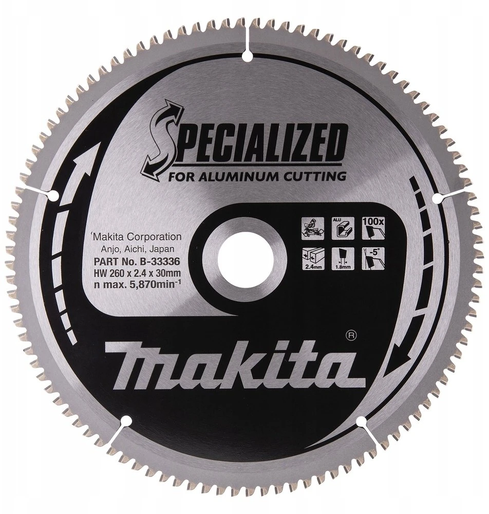 Makita T.C.T. pjūklas SPECIALIZED 260X2.4X30mm -5° T100 B-33336 T.C.T • 260 x30 mm • T100 • -5° • Aliuminiui