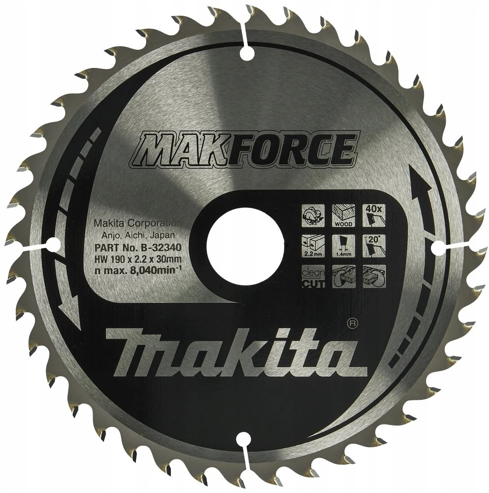 Makita T.C.T. pjūklas MAKFORCE 190X2.2X30mm 20° T40 B-32340 T.C.T • 190 x30 mm • T40 • 20° • Medienai