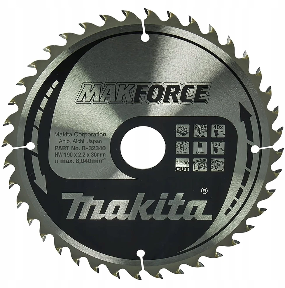 Makita T.C.T. pjūklas MAKFORCE 190X2.2X30mm 20° T40 B-32340 T.C.T • 190 x30 mm • T40 • 20° • Medienai