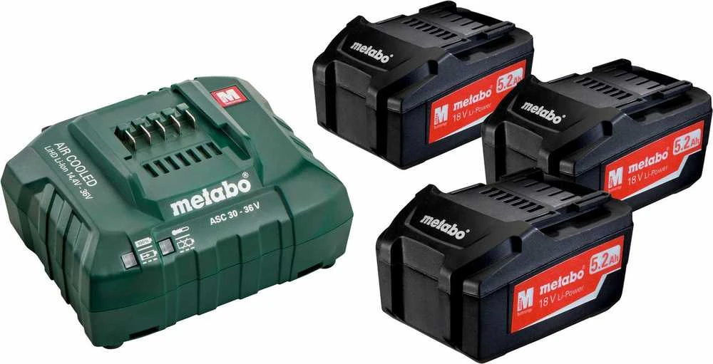 Akumuliatorius Metabo 18 V; 5,2 Ah; Li-ion; 3 vnt. + pakrovėjas Metabo ASC 30-36