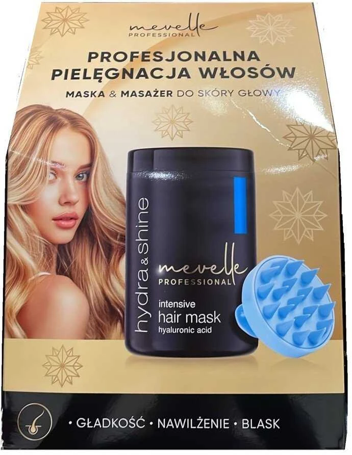 Mevelle Professional „Hydra & Shine“ plaukų kaukės rinkinys 900 ml + galvos odos masažuoklis