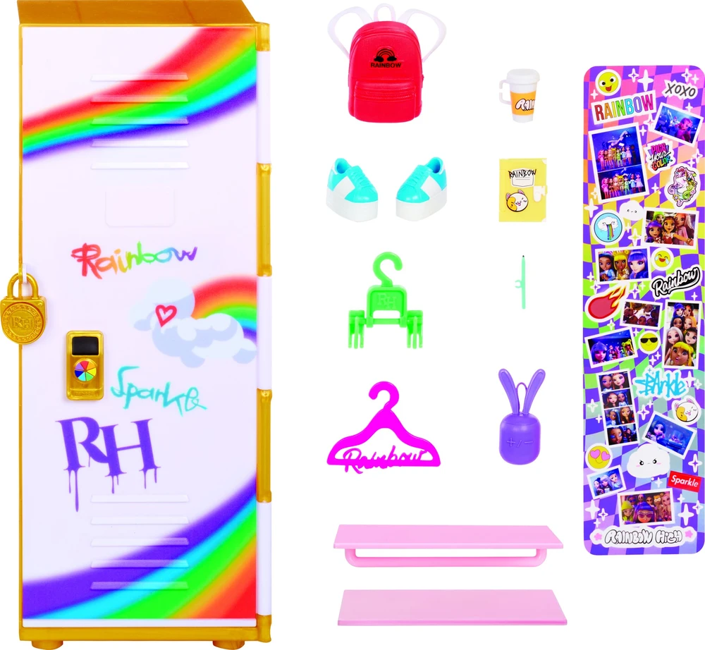 MGA Rainbow High Lėlė Rainbow aukšta spintelė ir lėlės žaidimų rinkinys