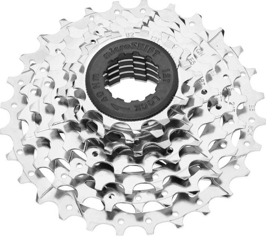 Microshift MICROSHIFT MEZZO kasetė, 7 greičiai, plienas, suderinamas su Shimano, 12-13-15-18-21-24-28, nikelis (NAUJAS)