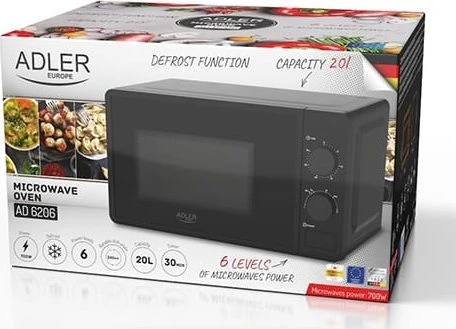Adler | Mikrobangų krosnelė | AD 6206 | Laisvai pastatoma | 700 W | Konvekcinė | 20 l | Juodas
