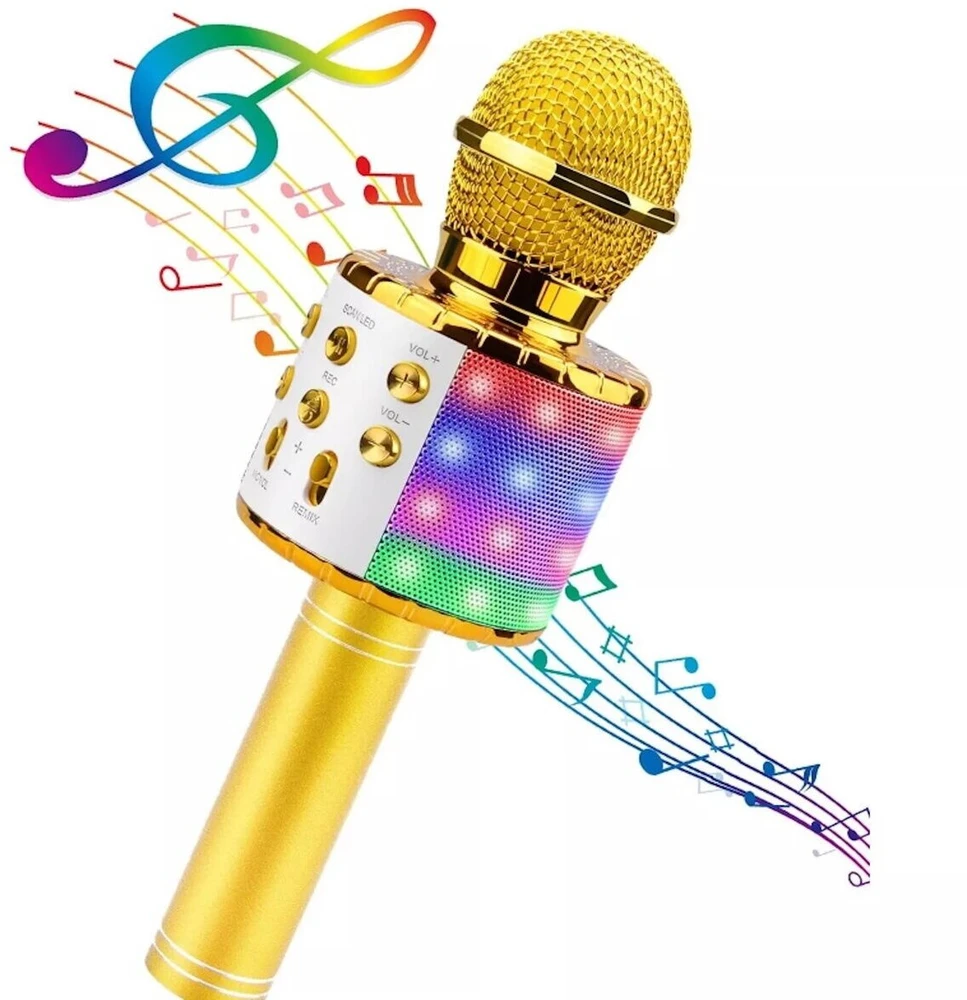 iWear M85 Karaoke Mikrofonu Bērniem un Pieaugušajiem Ar Efektu un Skaļruņiem & Rekodu Micro SD USB Bluetooth Zeltains