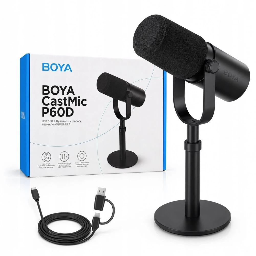 BOYA CastMic P60D studijinis mikrofono stovas su laidiniu USB XLR - Juodas