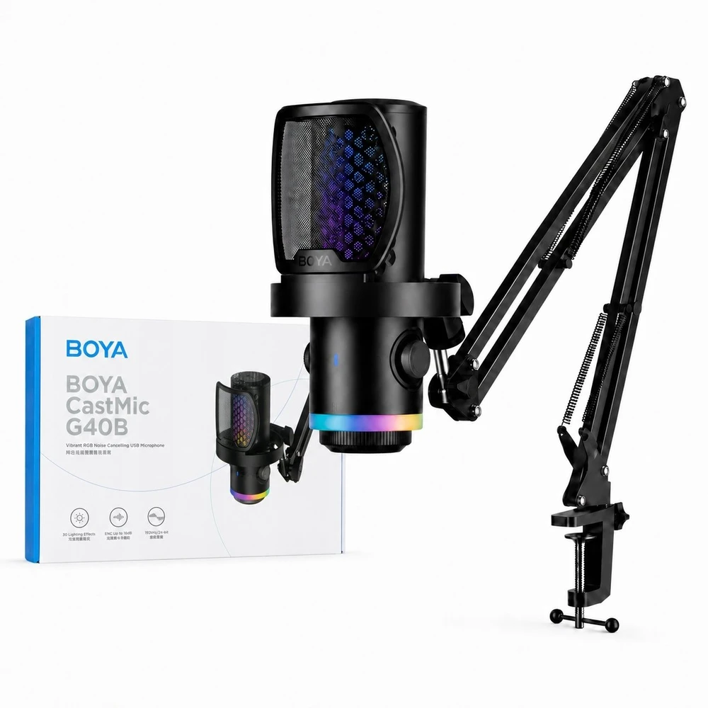 BOYA CastMic G40B laidinis žaidimų mikrofonas su laikikliu, USB-C - Juodas