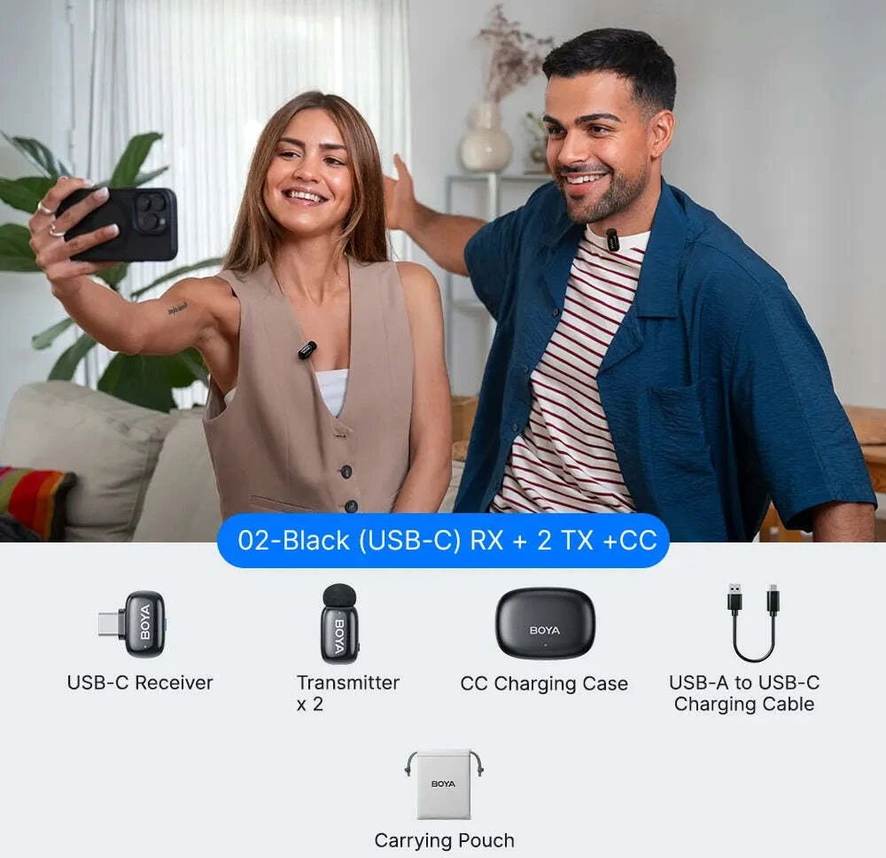 Mikrofony BOYA mini 2-02 belaidės 2.4GHz USB-C - juoda