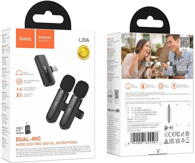 Belaidžių mikrofonų rinkinys Hoco L20A USB-C/Lightning juodas