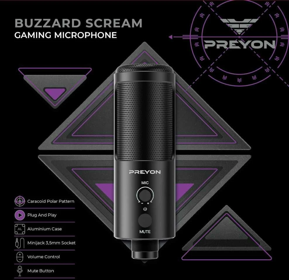 PREYON Buzzard Scream kondensatorinis mikrofonas USB