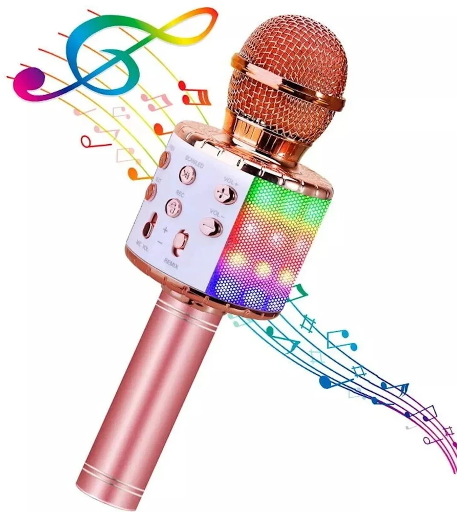 iWear M85 Karaoke Bērniem un Pieaugušajiem Fun Effect Mikrofons ar Skaļruņiem un Ierakstu Micro SD USB Bluetooth Rozā Zeltā