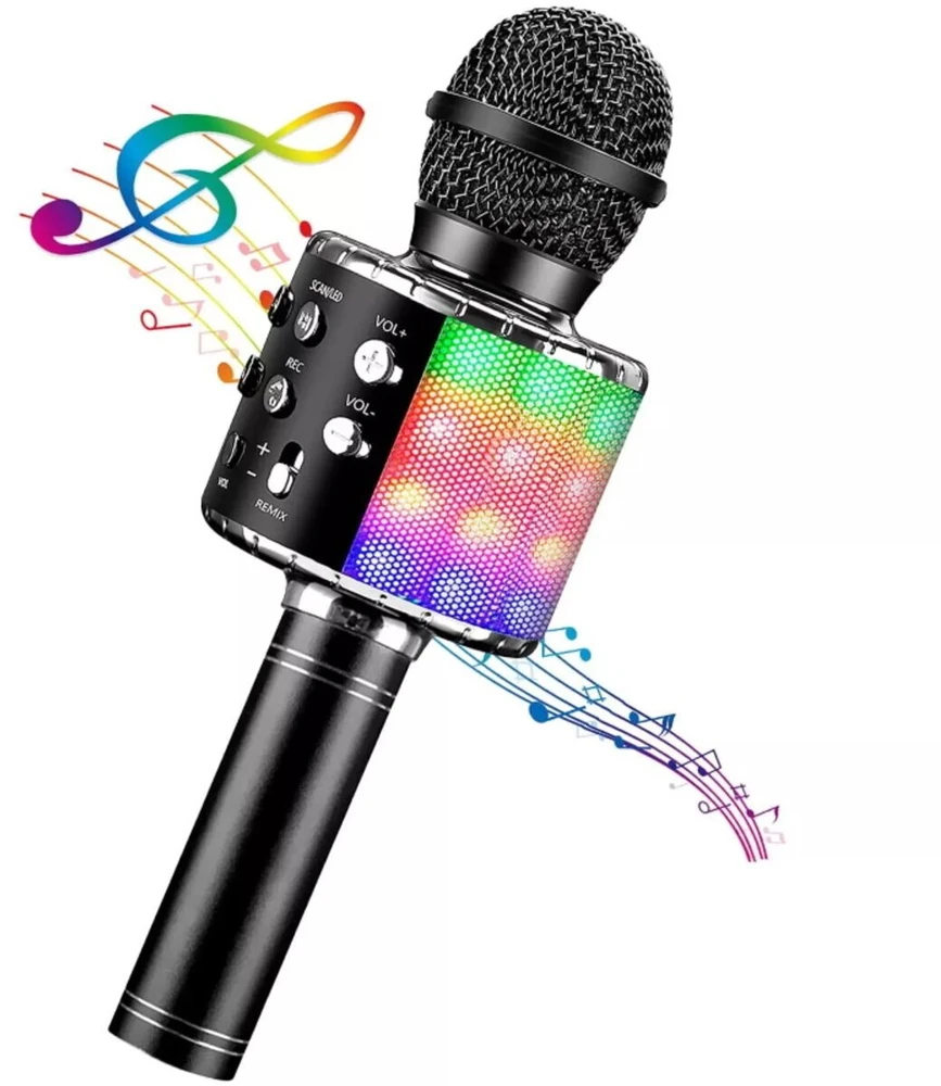 Bemi iWear M85 Karaoke Mikrofonu Bērniem un Pieaugušajiem Ar Efektu un Skaļruņiem & Rekodu Micro SD USB Bluetooth Melns