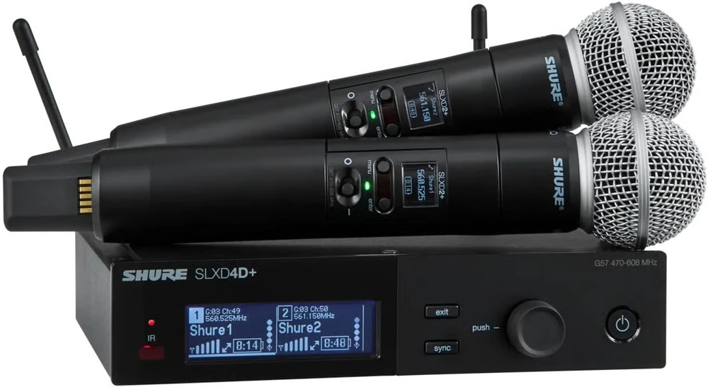 „Shure SLXD24D+E/58-G65“ – dviguba skaitmeninė belaidė sistema su dviem siųstuvais / nešiojamais mikrofonais (470–606 MHz)
