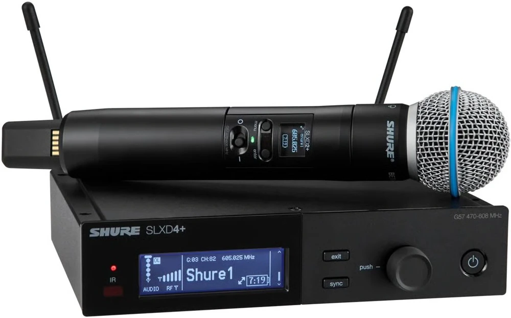 „Shure SLXD24+E/B58-G65“ – skaitmeninė belaidė sistema su rankiniu siųstuvu/mikrofonu (470–606 MHz)
