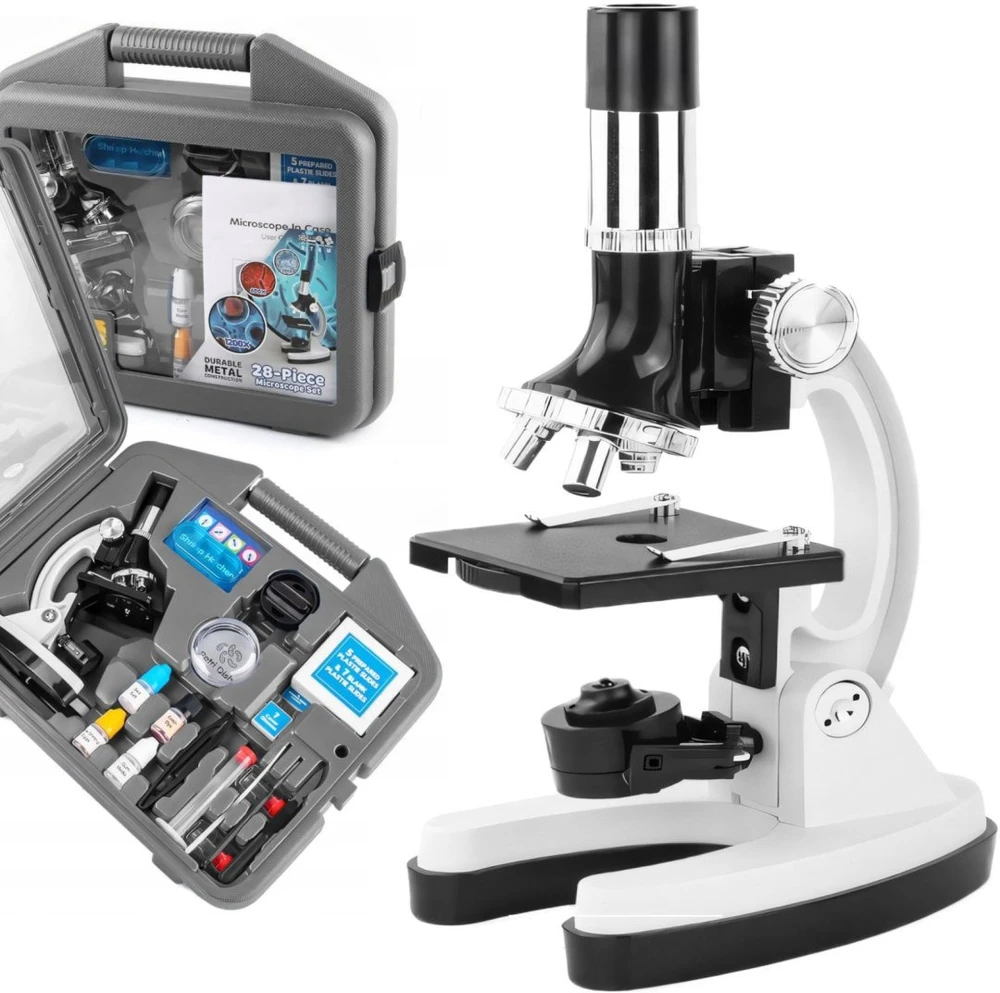Opticon laboratorijos pradinis optinis mikroskopas - 1200x - 3 objektyvai + priedai - pilkas dėklas