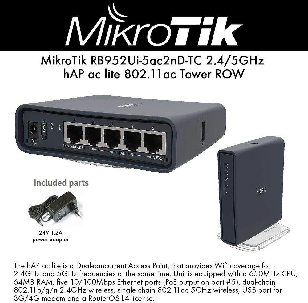 MicroTick | Prieigos taškas | RB952UI-5AC2ND-TC | 802.11ac | 867 Mbit/s | 10/100 Mbit/s | Ethernet LAN (RJ-45) jungle 5 | Tinklelio atramos Nr. | MU-MiMO Taip | Nėra mobiliojo plačiajuosčio ryšio | Antenos tipas Vidinis | 12 min.