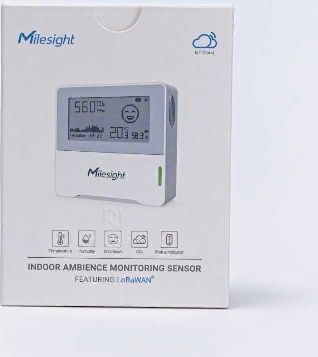 „Milesight AM103L LoRaWAN 3-in-1“ oro kokybės jutiklis matuoja: temperatūrą, drėgmę, CO2, kompaktišką dydį, bateriją.