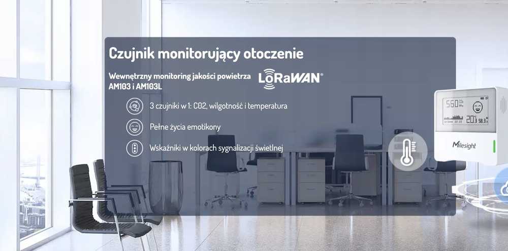 „Milesight AM103L LoRaWAN 3-in-1“ oro kokybės jutiklis matuoja: temperatūrą, drėgmę, CO2, kompaktišką dydį, bateriją.