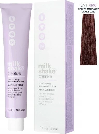 „Milk Shake Creative“ ilgalaikiai plaukų dažai be SLS/SLES, 6.546MC, tamsiai blondinė vario raudonmedžio spalva, 100 ml
