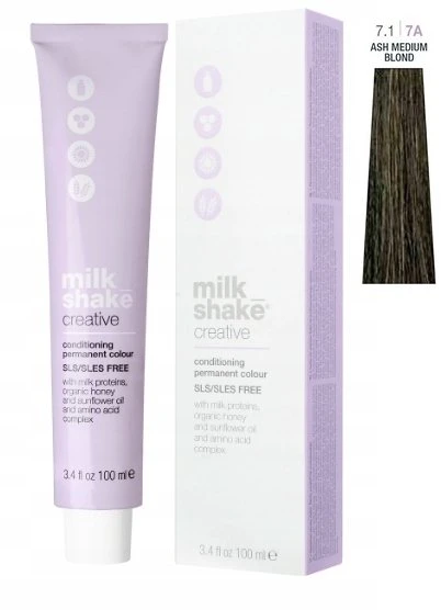 „Milk Shake Creative“ ilgalaikiai plaukų dažai be SLS/SLES, 7.17A vidutinė pelenų blondinė, 100 ml
