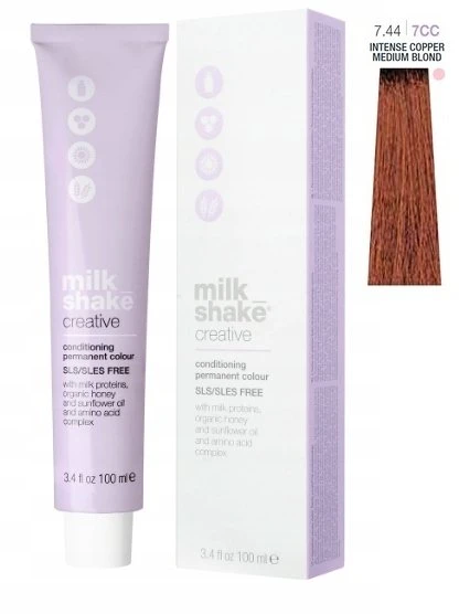 „Milk Shake Creative“ ilgalaikiai plaukų dažai be SLS/SLES, 7.447CC intensyvi vario vidutinė blondinė, 100 ml