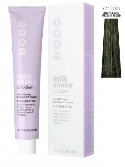 Milk Shake Creative be SLS/SLES nuolatinių plaukų dažų 7.117AA Intense Ash vidutinė pelenų blondinė, 100 ml